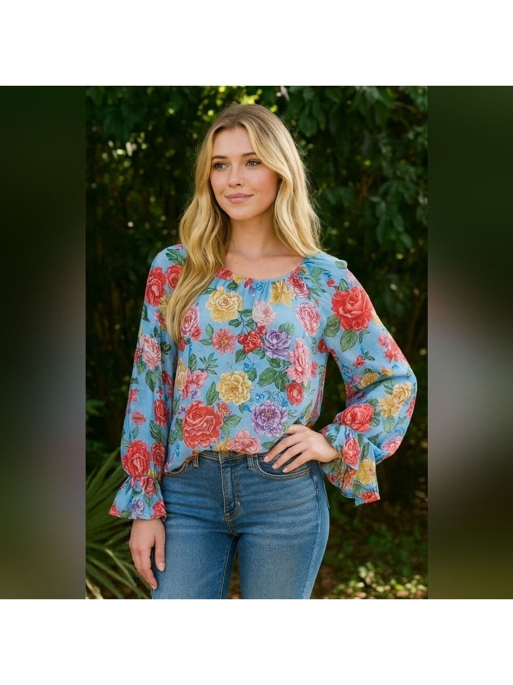 Divine Heritage Revolve S Floral Blouse 100% Silk in Sky